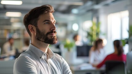 Obraz premium A professional setting with a man's face blurred to maintain anonymity, situated in a modern office environment
