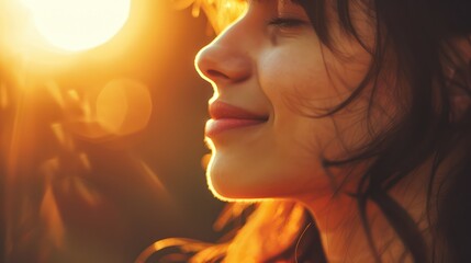 A warm-toned image capturing the silhouette of a person's profile with a vibrant sunset and lens flare