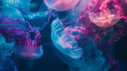 neon blue jelly fishes floating in sea