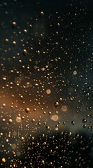 Raindrops cling to a windowpane against a backdrop of a city's glowing lights, creating a bokeh effect on a rainy evening. A night cityscape with bokeh in the background.
