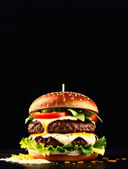 Large appetizing burger with meat, onion, vegetables, melted cheese, lettuce and mayonnaise sauce. ia