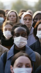 Crowd of diverse individuals wearing face masks for Voter Registration Day