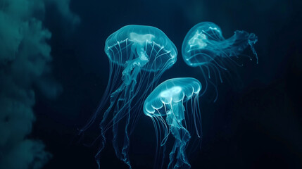 neon blue jelly fishes floating in sea