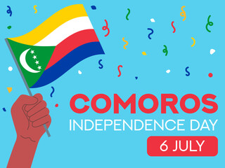 comoros independence day 6 July. comoros flag in hand. Greeting card, poster, banner template	
