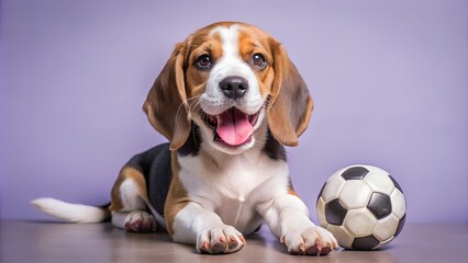 Beagle puppy smile play with soccerball ball on light purple background