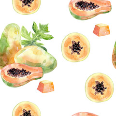 Seamless pattern. Hand Drawn Watercolor papaya Fruit illustration.