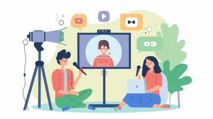 Live streaming, broadcast flat vector illustration Male and female social media network bloggers collaboration Vloggers cartoon characters Interview, podcast, video recording in studio,