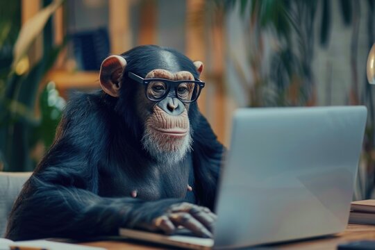 Anthropomorphic monkey with glasses working at a laptop in an office. Human characters through animals