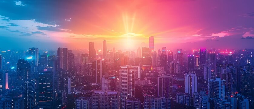 City skyline glows with rainbow hues celebrating LGBT pride month against a dusky backdrop