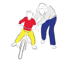 Hand drawn line art vector of a father helping his child ride bicycle for the very first time. Beautiful memories with dad. Fathers day concept.