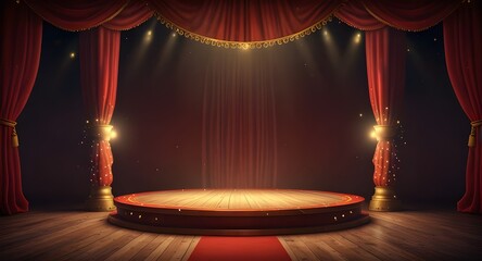 Circus stage podium background 3D carnival light red show curtain. Circus platform stage podium tent theater arena sign vintage spotlight circle stand bulb ringmaster ring cirque cartoon party cinema.