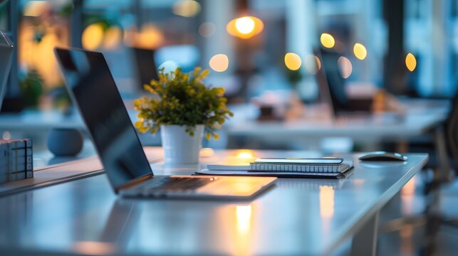 A laptop, notebook, pen, and a plant on a desk with blurred office background and warm lights