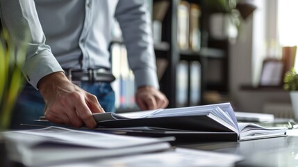 A detailed close-up emphasizing a person’s hands as they sift through paperwork in a binder on an office desk