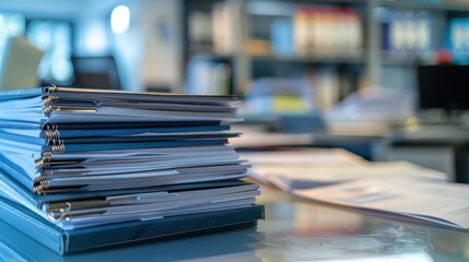 A sharp focus on a stack of blue binders and documents on a desk with a blurred office background suggesting a busy work environment