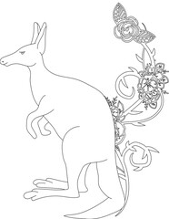 Kangaroo and A Floral Vine Coloring Page. Printable Coloring Worksheet for Adults and Kids. Educational Resources for School and Preschool.