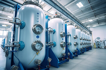 A row of large, advanced bioreactors in a high-tech laboratory, showcasing cutting-edge biotechnology research and development, with a focus on precision engineering.