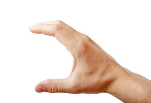 A closeup of a human hand gesturing as if holding something invisible, isolated on a white background, concept of holding or measuring