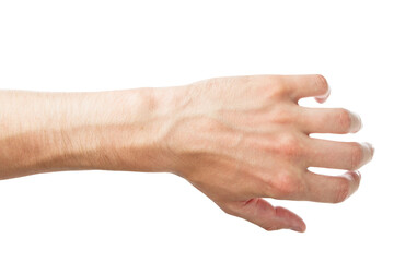Human male hand in a relaxed position isolated on a white background, depicts the concept of body parts