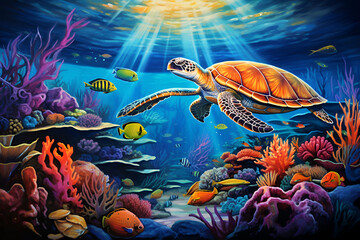 A vibrant underwater scene features a sea turtle swimming among colorful coral reefs and tropical fish, with a stunning sunset above the ocean, showcasing the beauty and diversity of marine life.