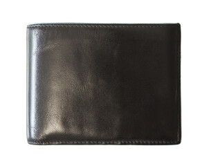A black leather wallet isolated on a white background, showcasing its design and texture