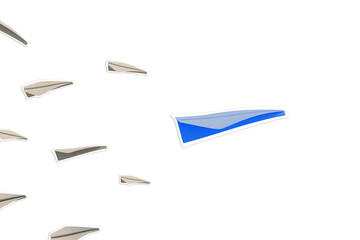 Multiple paper airplanes on a white background, one with blue accents suggesting motion or differentiation