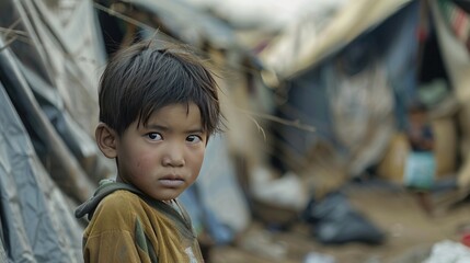 Asian child living in poverty, migrant or refugee camp with tents ai generated image