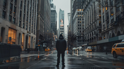 In the New York City, There is a man feeling lonely mood and tone make around sad and him standing in the mid of pic