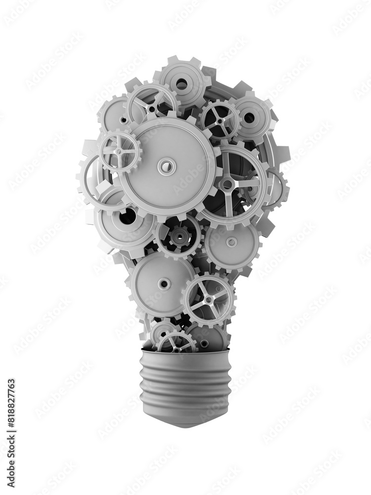 Poster a light bulb shape composed of interconnected gears, photorealistic style, against a white backgroun