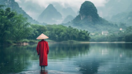 Asian man in conical straw hat and red robe standing at water edge in stunning landscape, meditation and mindfullness concepts