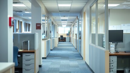 An office space with empty cubicles and computer monitors, suggesting an environment of work, absent of workers, during daytime