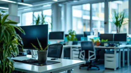 A contemporary open-plan office featuring workstations with computers, ergonomic chairs, and vibrant indoor plants