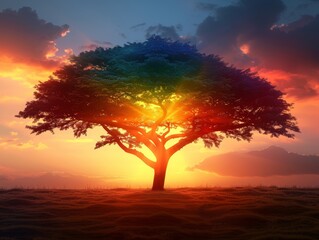 Obraz premium Silhouette of a tree against a sunset, branches forming a natural rainbow, organic and serene, symbolizing natural LGBT rights
