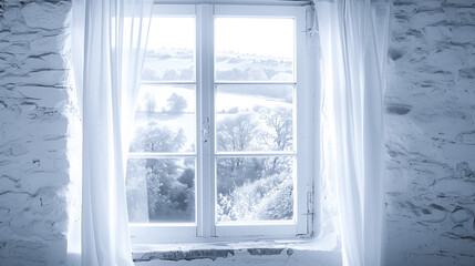 A window with a picturesque view of a scenic landscape, with white tones and good lighting,