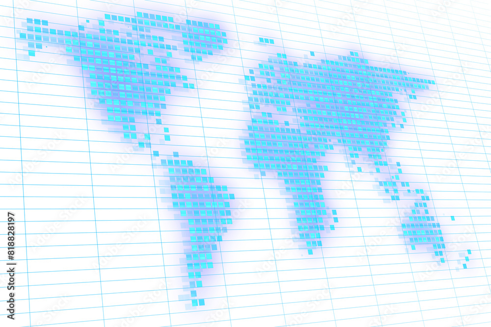 Poster Abstract pixelated world map on grid lines, digital concept on a light background