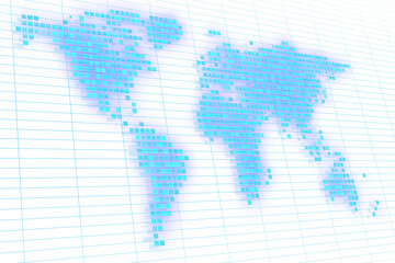 Abstract pixelated world map on grid lines, digital concept on a light background