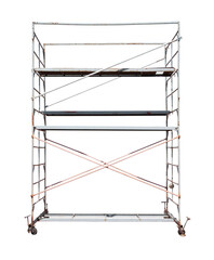 An isolated metal scaffolding structure on a white background, showing rust and wear, used for...