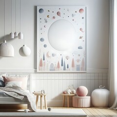 bedRoom with a mockup poster empty white and sets have mockup poster empty white have mockup poster empty white with a bed and a picture on the wall harmony art attractive.