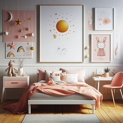 bedRoom with a mockup poster empty white and sets have mockup poster empty white have mockup poster empty white with a bed and pictures on the wall meaning card design has illustrative.