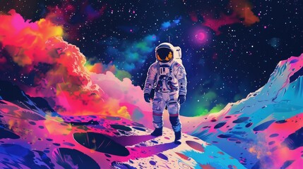 Astronaut on colorful bright surface with space background. Astronaut walk on the moon wear cosmosuit