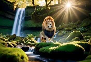 lion sitting by waterfall (280)
