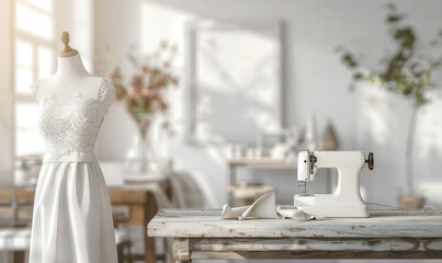 Mannequin with a white dress in the foreground