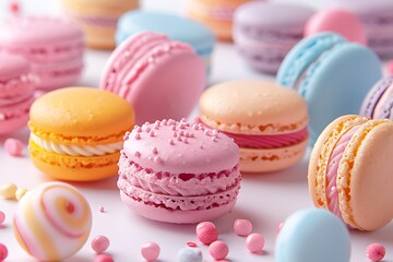 Obraz premium Vibrant Array of Macarons and Candies on White Background 