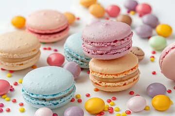 Vibrant Array of Macarons and Candies on White Background  