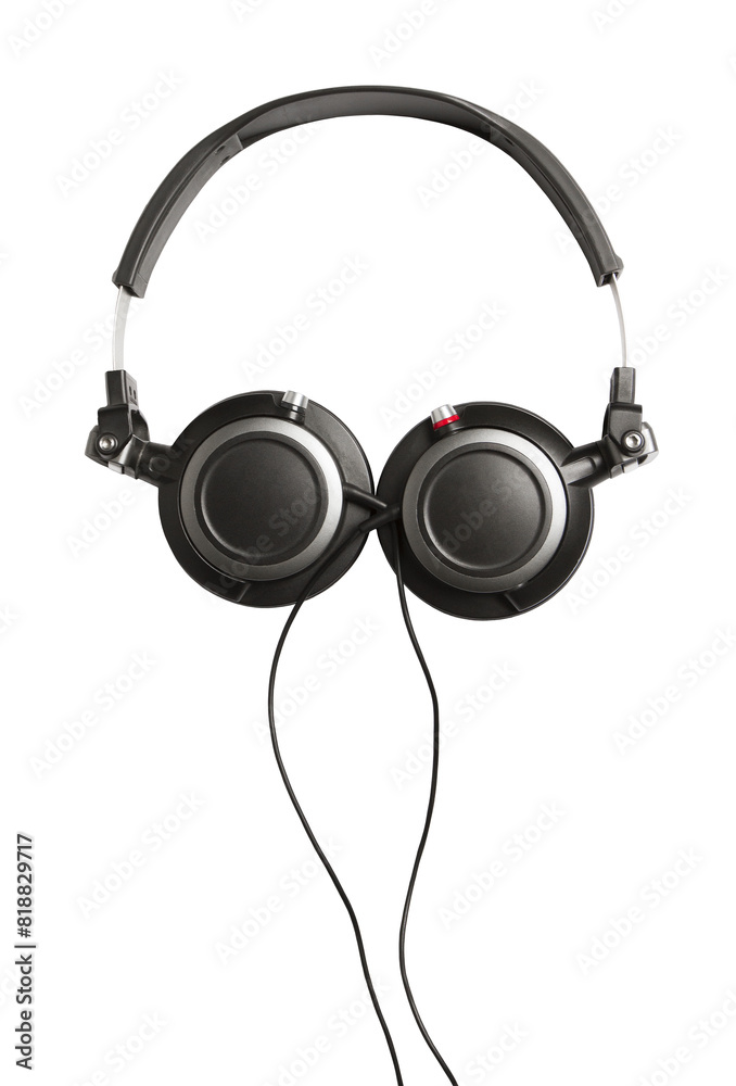 Poster a pair of black headphones isolated on a white background, clean and simple design element for audio