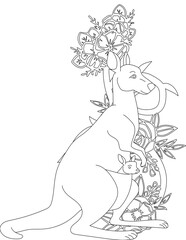 Kangaroo and A Floral Vine Coloring Page. Printable Coloring Worksheet for Adults and Kids. Educational Resources for School and Preschool.