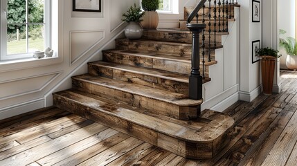 Stairs with wood-look vinyl flooring, white walls, dark brown handrail