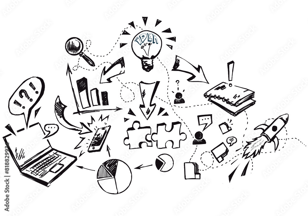Poster a hand-drawn sketch of various business and idea-generation icons like a lightbulb, rocket, laptop, 