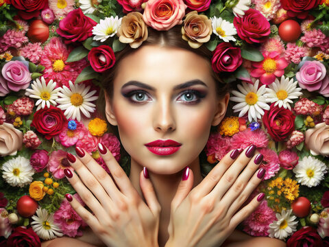 beautiful young woman in flowers. spring colorful beauty girl over floral background