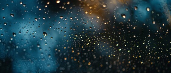 Raindrops cling to a windowpane against a backdrop of a city's glowing lights. A night cityscape with bokeh in the background.