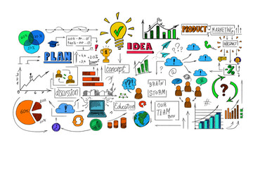 A colorful hand-drawn business concept sketch with various charts, icons, and symbols on a white background, illustrating strategy and planning